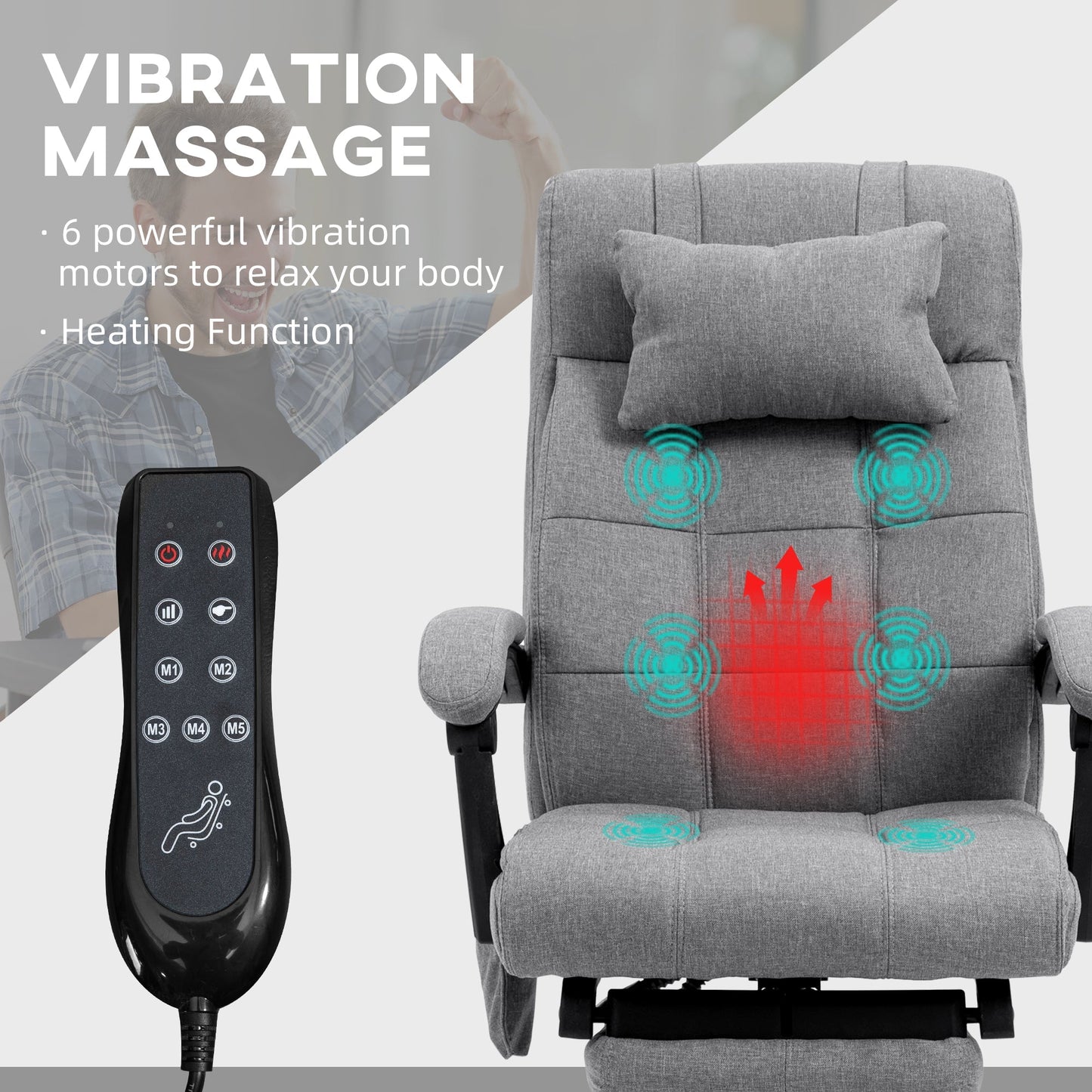 Vinsetto Vibration Massage Office Chair with Heat, Fabric Computer Chair with Head Pillow, Footrest, Armrest, Reclining Back, Grey