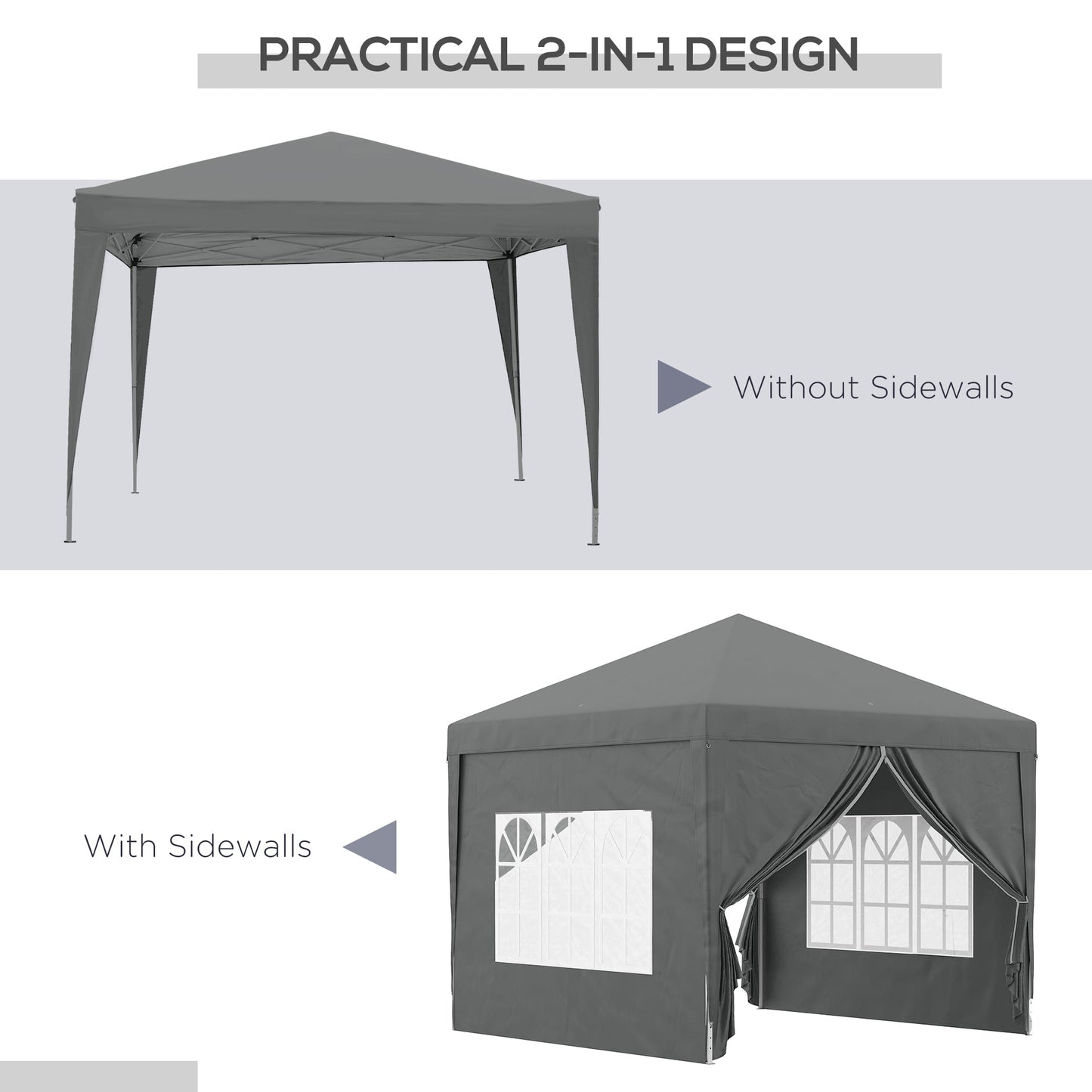 Outsunny 3 x 3 m Pop Up Gazebo Party Tent Canopy Wedding Camping Marquee z torbą transportową i 2 oknami, szary