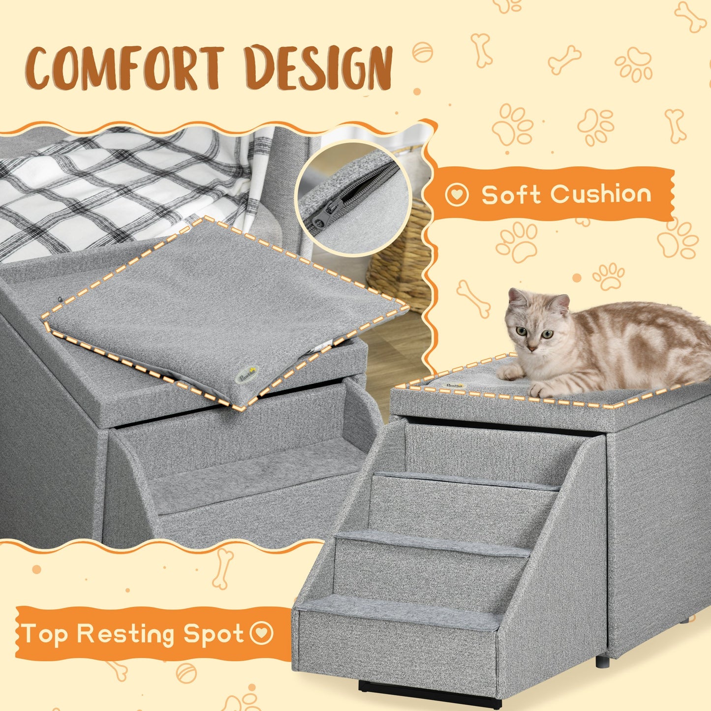 PawHut 2 in 1 Dog Steps Ottoman, Four-Tier Pet Stairs, for Small, Medium Dogs and Cats, with Storage Compartment - Grey