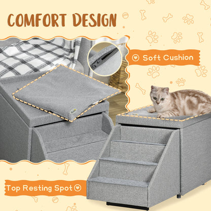 PawHut 2 in 1 Dog Steps Ottoman, Four-Tier Pet Stairs, for Small, Medium Dogs and Cats, with Storage Compartment - Grey