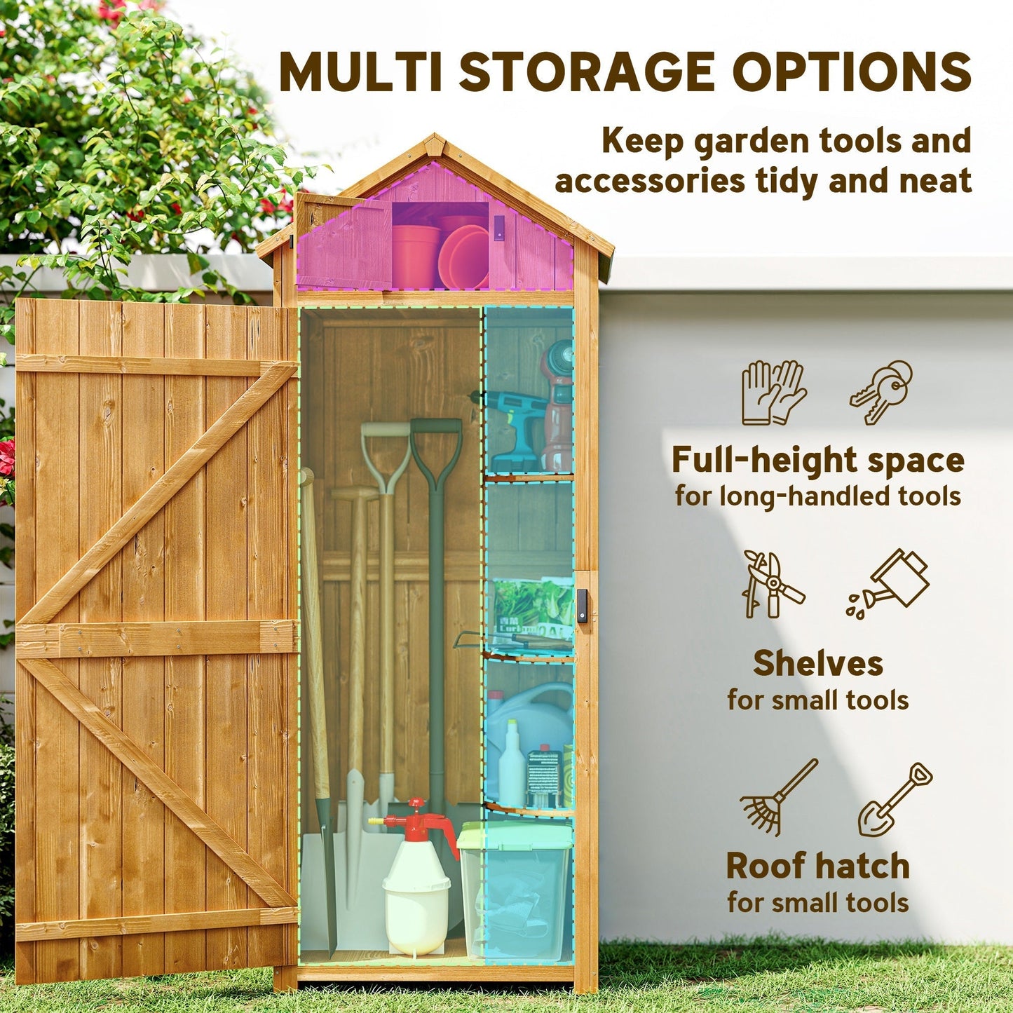 Outsunny Garden Shed Wood Outdoor Garden Tool Storage Unit with 3 Detachable Shelves, 77 x 54.2 x 179cm, Brown