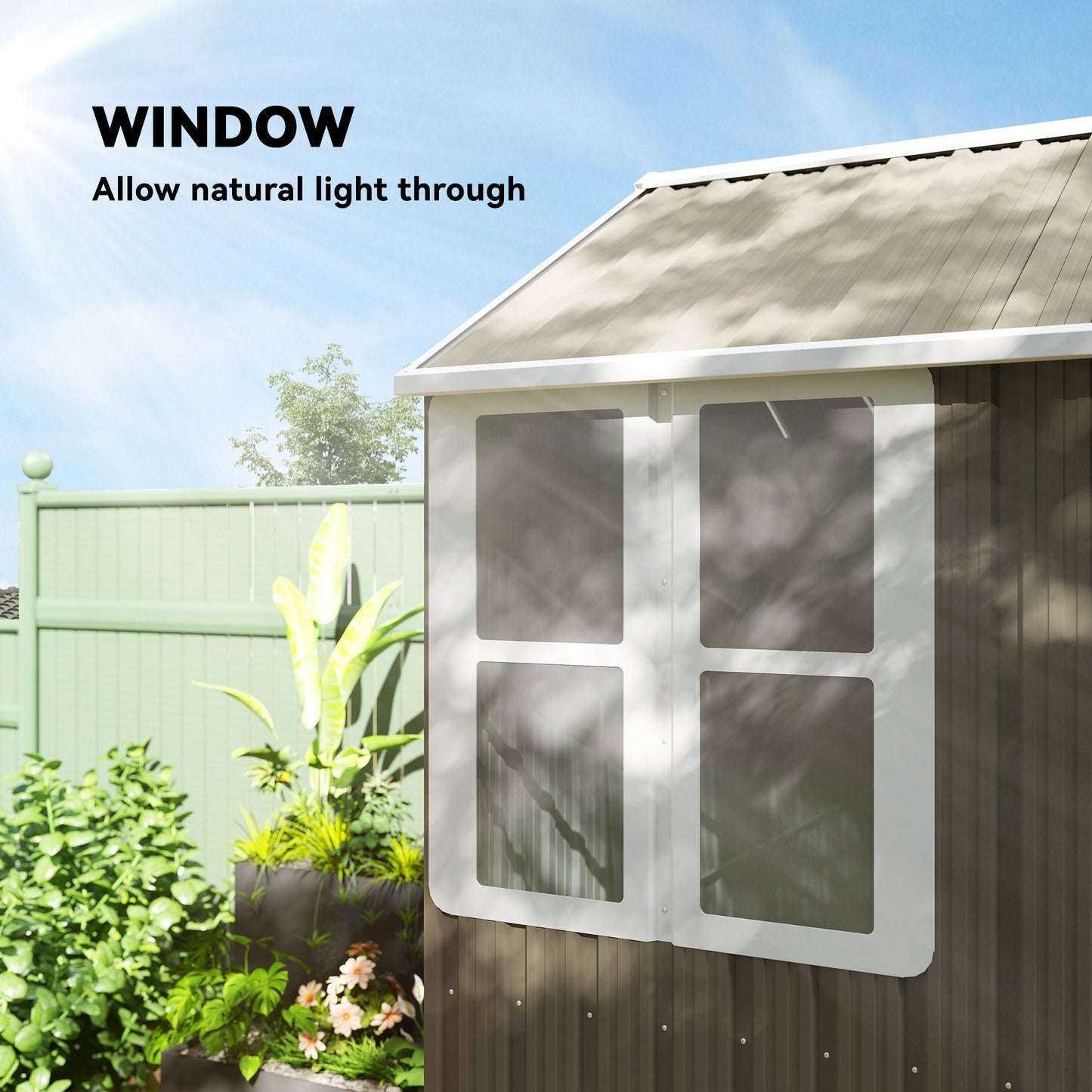 Outsunny 8 x 6 ft Galvanised Garden Shed, Outsoor Metal Storage Shed with Double Doors Window Air Vents for Patio, Lawn, Grey