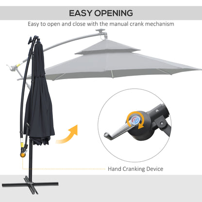 Outsunny 3(m) Cantilever Banana Parasol Hanging Umbrella with LED Solar lights, Crank, 8 Sturdy Ribs and Cross Base for Outdoor, Garden, Patio, Black