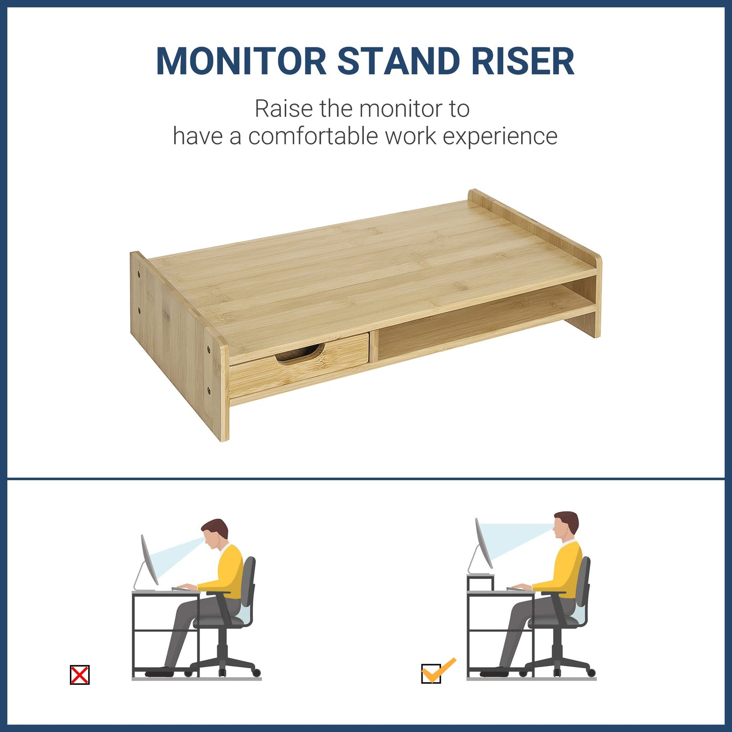 HOMCOM Monitor Riser Laptop PC Plinth Stand TV Computer Desktop Organiser W/ Drawer Bamboo