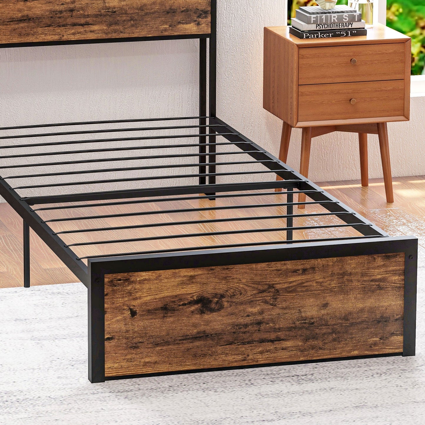 Retro Style Industrial Single Bed Frame, 3.1FT Steel Bed Base w/ Storage Headboard, Footboard, Under Bed Storage, 95 x 209cm, Rustic Brown