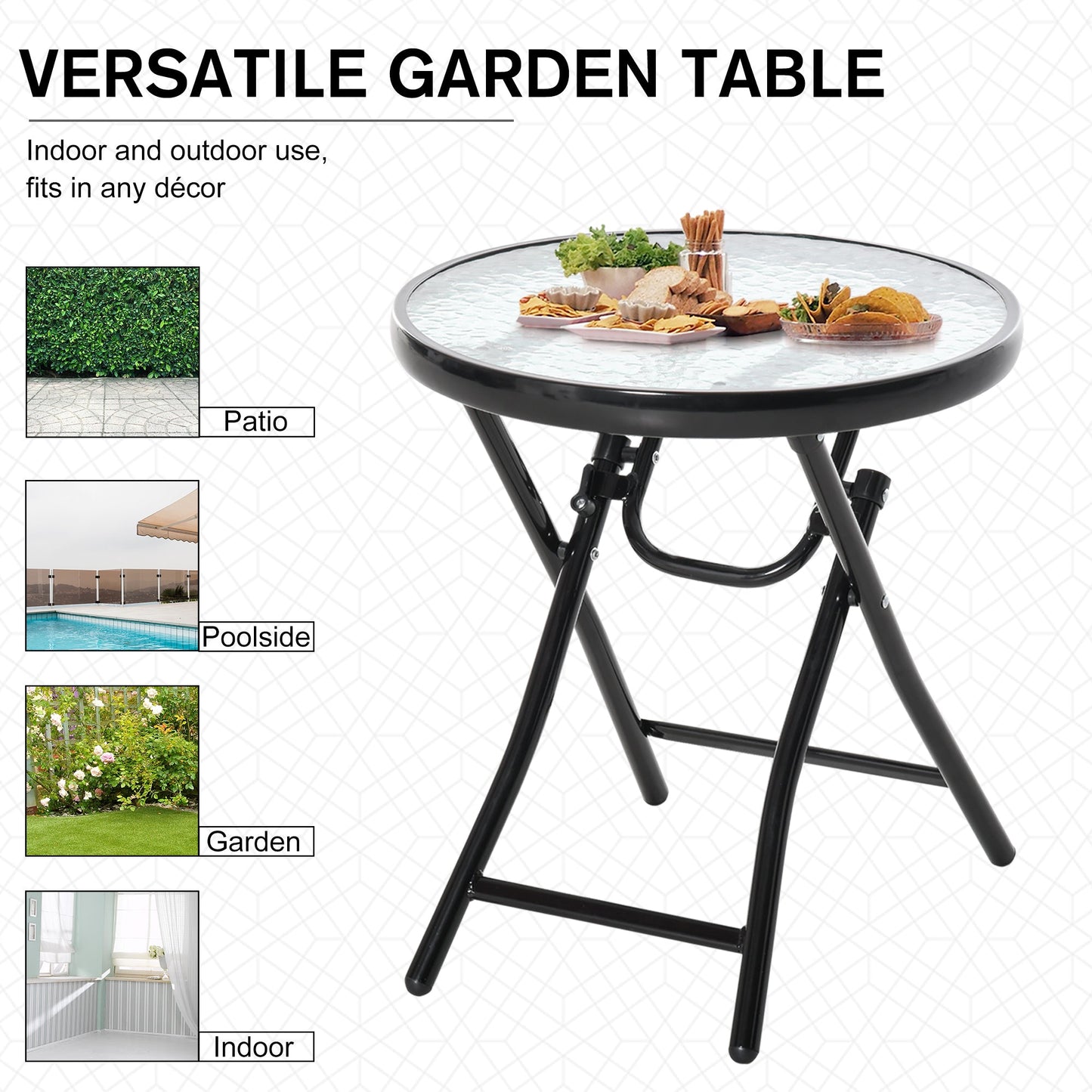 Outsunny Foldable Garden Table, Round Folding Table with Glass Tabletop and Safety Buckle for Patio, Garden, Outdoor, Indoor, Black