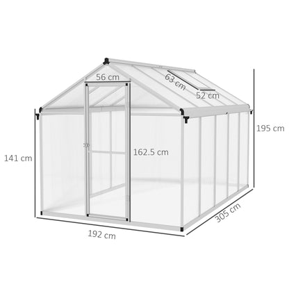 6 x 10ft Polycarbonate Greenhouse With Rain Gutters, Large Walk In With Door and Window, Garden  Grow House With Aluminium Frame and Foundation