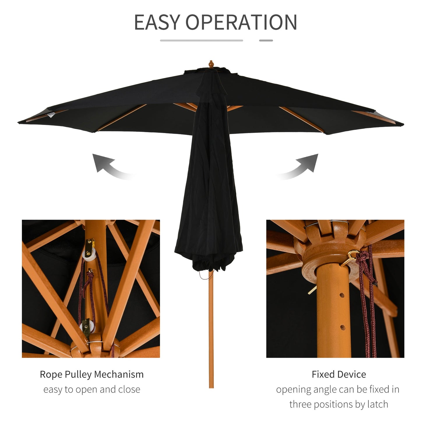 Outsunny ⌀3m Bamboo Wooden Market Patio Umbrella Garden Parasol Outdoor Sunshade Canopy, 8-ribs,Black