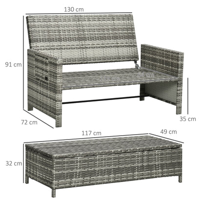 Outsunny Rattan Garden Daybed, Assembled Double Sun Lounger with 5-Level Adjustable Back, Storage Ottoman, Cushions, Pillows and Retractable Trays, Outdoor Loveseat Sofa Bed for Patio, Mixed Grey
