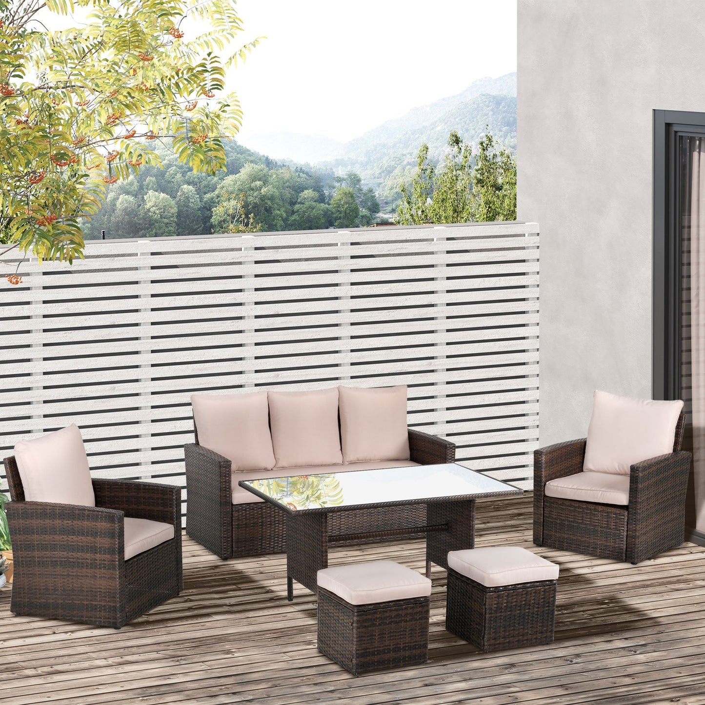 Outsunny 6 Piece Outdoor Patio PE Rattan Wicker Tempered Glass Dining Table Sets for Garden Backyard w/ Cushions & Mixed Brown