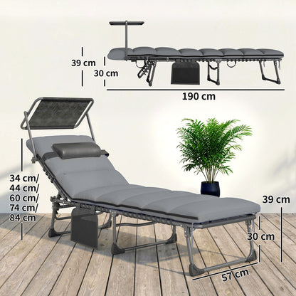 Outsunny Folding Sun Loungers Set of 2 with Canopy, Reclining Sunbed with Cushion, Side Pocket, Carrying Handle, Light Grey
