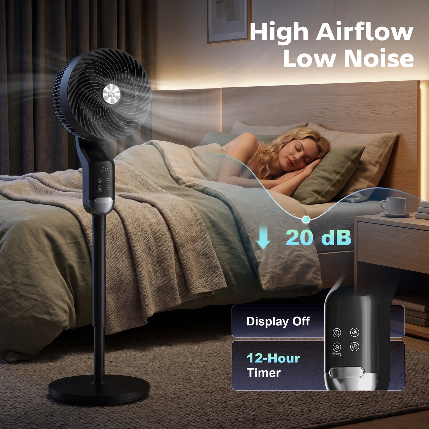HOMCOM 20 dB Silent Standing Fan, 41" Pedestal Fan with Remote, 85Â° Oscillating, 8 Speeds, Adjustable Height, 12H Timer