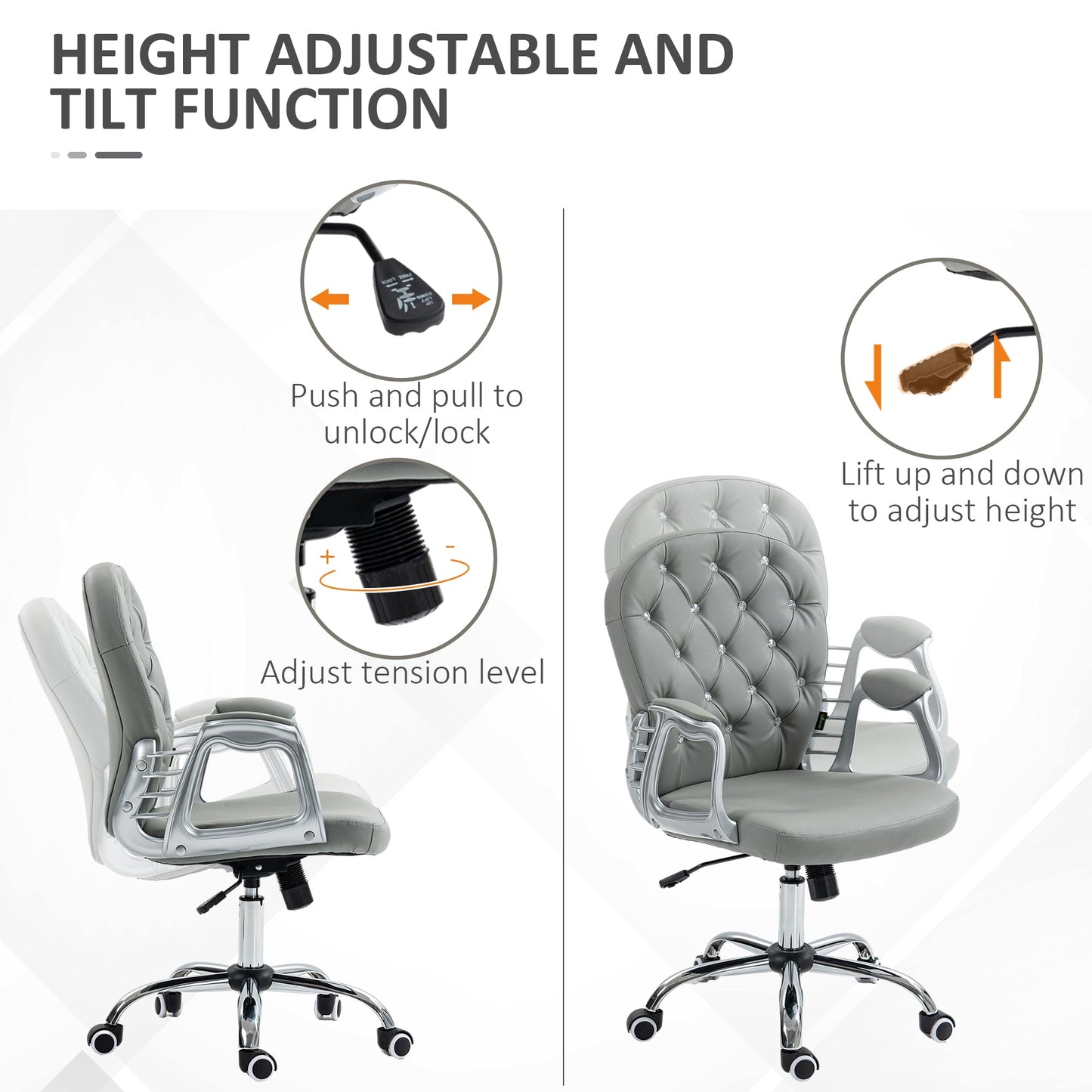 Vinsetto Office Chair Ergonomic 360  Swivel PU Diamante Padded Base 5 Castor Wheels for Home Work Grey