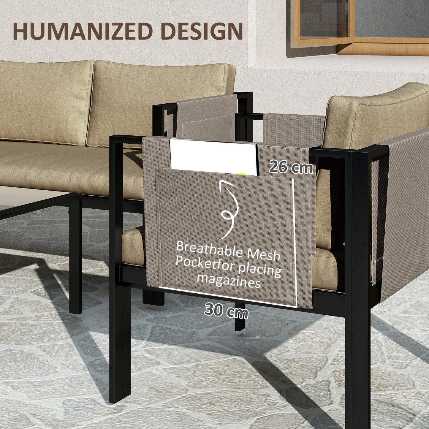 Outsunny 4 Piece Metal Garden Furniture Set with Tempered Glass Coffee Table, Texteline Pocket, Outdoor Set Loveseat Single Armchairs with Padded Cushions, Khaki