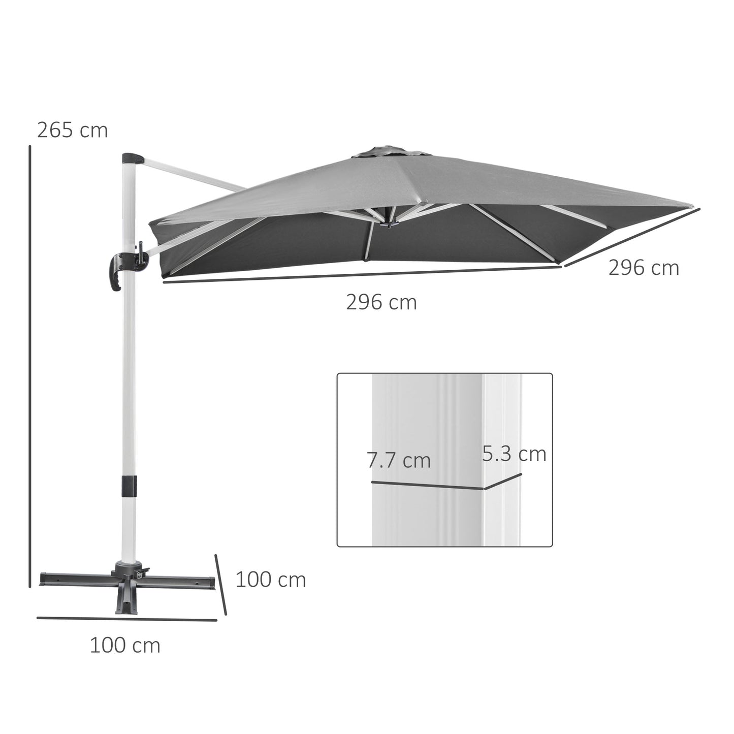 Outsunny 3 x 3(m) Cantilever Roma Parasol, kwadratowy parasol ogrodowy z podstawą krzyżową, korbą, pochyleniem, obrotem 360√Ç¬∞ i aluminiową ramą, szary