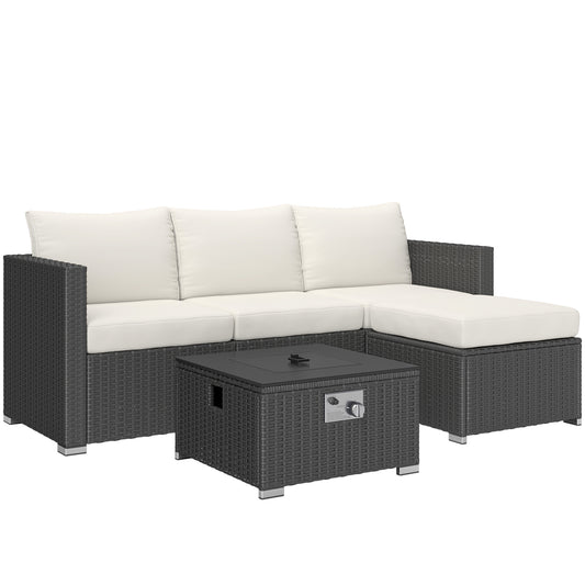 Zestaw mebli ogrodowych Outsunny Five Piece Rattan z paleniskiem gazowym i podnóżkiem - czarny i kremowo-biały
