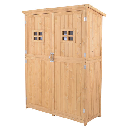 Drewniana szopa ogrodowa Outsunny z dwoma oknami, szafka na narzędzia, organizer zewnętrzny z podwójnymi drzwiami, 127,5 dł. x 50 szer. x 164 wys. cm, kolor naturalny