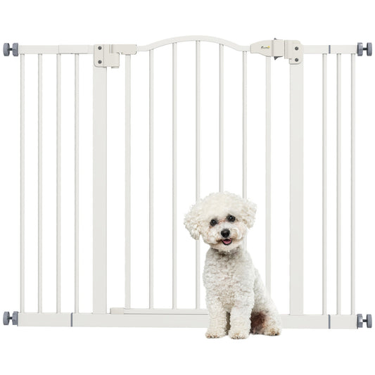 PawHut Metal 74-100cm Adjustable Pet Gate Safety Barrier w/ Auto-Close Door White