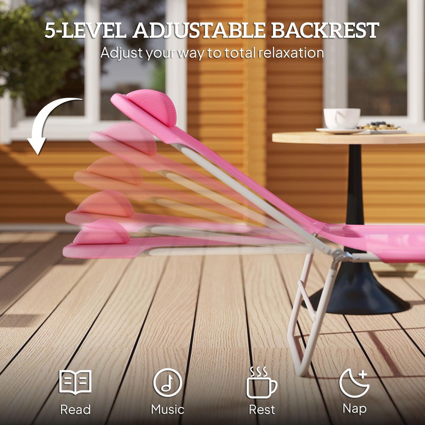 Outsunny Folding Sun Lounger with Head Pillow - Pink