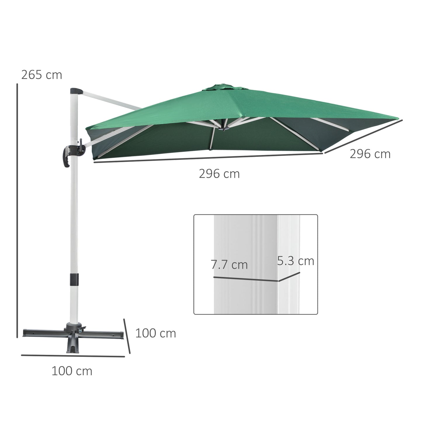 Outsunny 3 x 3(m) Cantilever Roma Parasol, Square Garden Umbrella with Cross Base, Crank Handle, Tilt, 360√Ç¬∞ Rotation and Aluminium Frame, Green