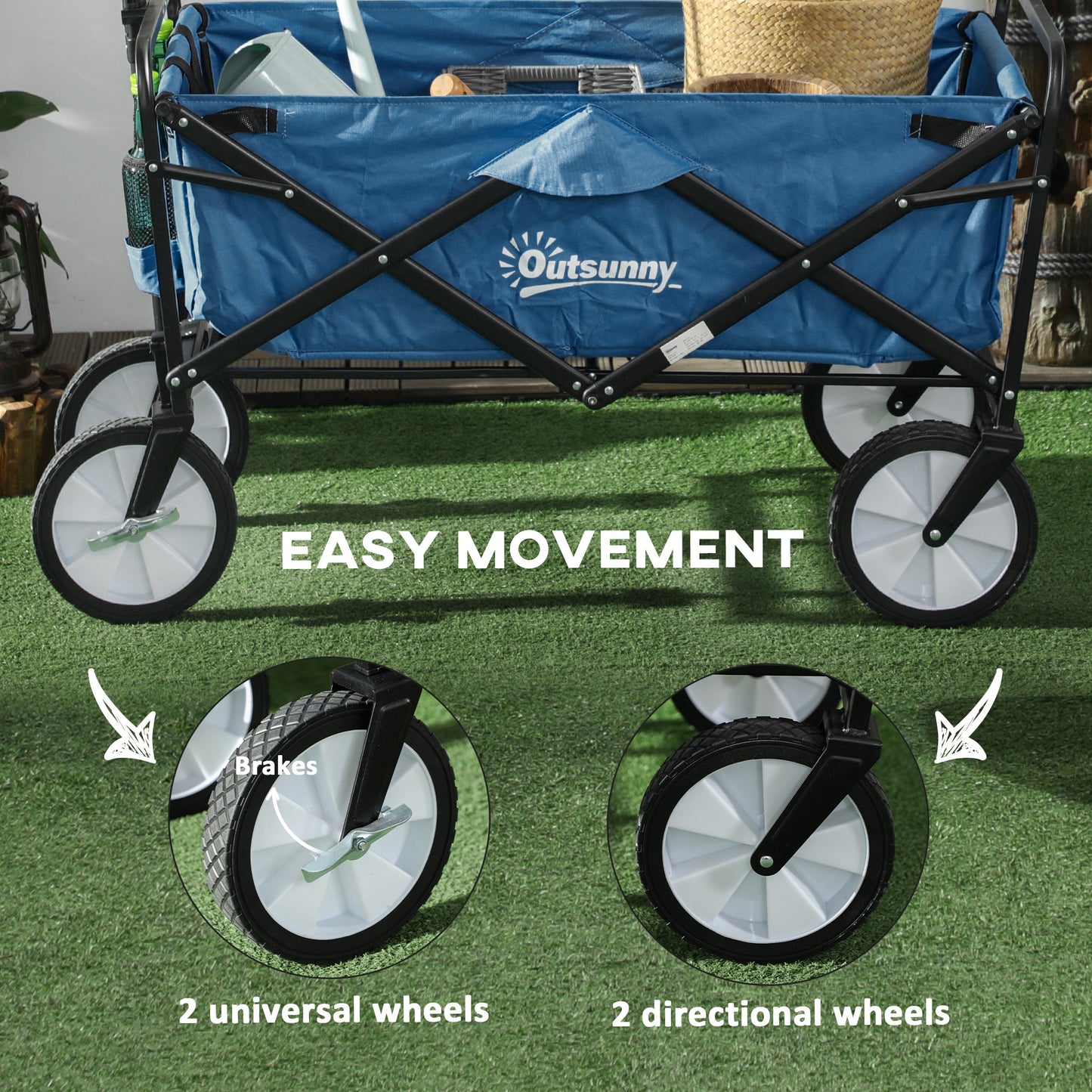 Outsunny 90L Festival Trolley on Wheels, Folding Camping Trolley Cart with Adjustable Handle, Portable for Outdoor, Garden, Shopping, Fishing, Navy Blue