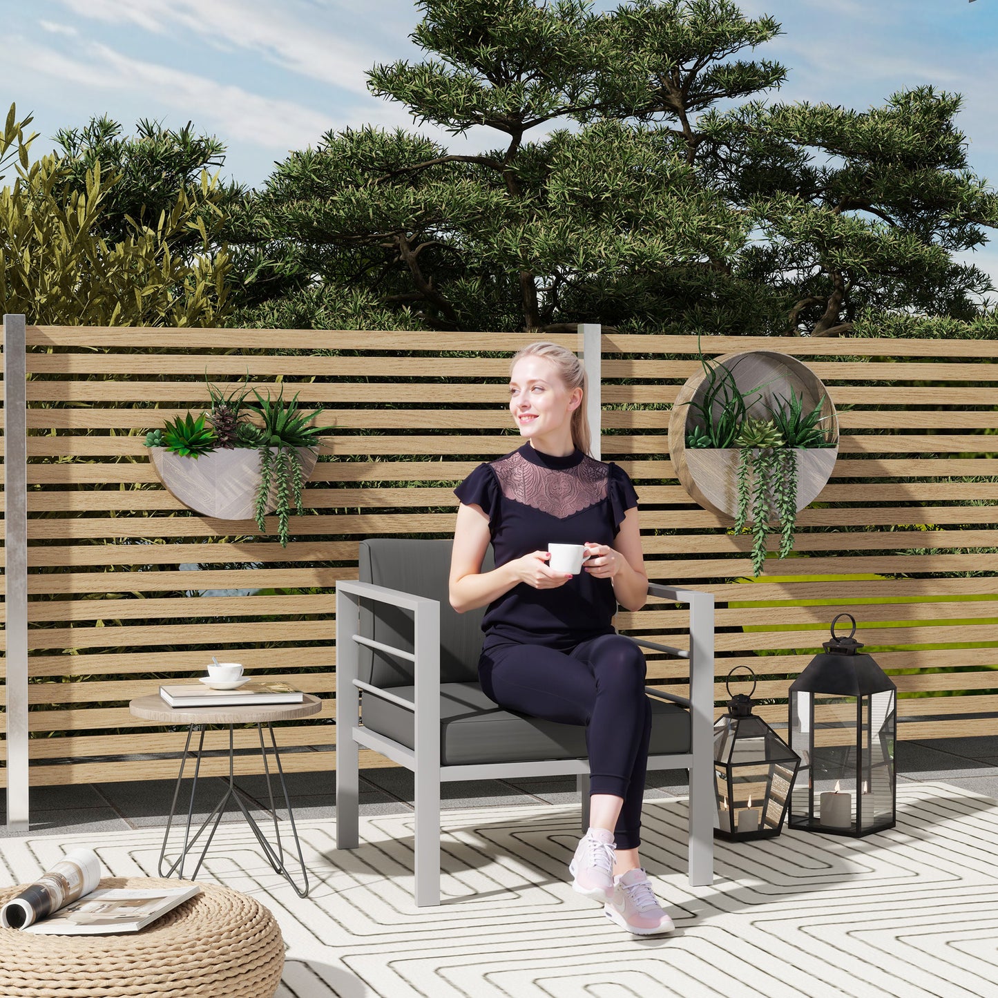 Zestaw 2 sof ogrodowych Outsunny, zestaw sof ogrodowych na każdą pogodę ze zdejmowanymi poduszkami, metalowa rama mebli ogrodowych na balkon, antracyt