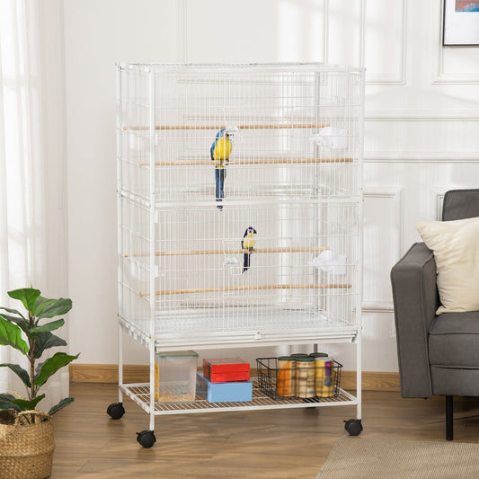 PawHut Large Bird Cage Aviary for Finch Canaries, Budgies with Rolling Stand, Slide-out Tray, Storage Shelf, Wood Perch, Food Containers, White