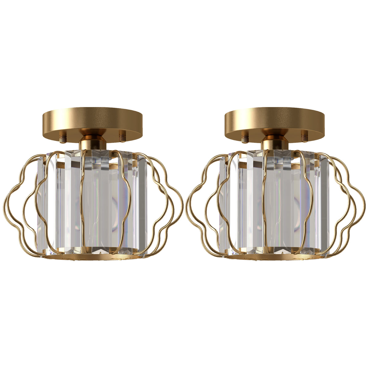 HOMCOM Crystal Ceiling Light Fixtures, Modern Semi-Flush Ceiling Lighting with Crystal Strips, 2 Pack, Gold Tone