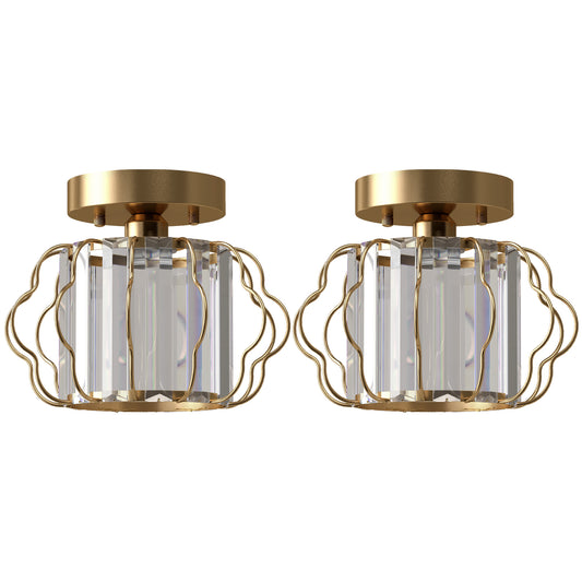 HOMCOM Crystal Ceiling Light Fixtures, Modern Semi-Flush Ceiling Lighting with Crystal Strips, 2 Pack, Gold Tone