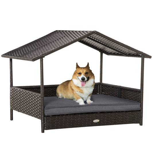 PawHut Wicker Dog House, Rattan Pet Bed with Soft Cushion, Canopy, Cat House with Anti-slip Pads, Grey, 98 x 69 x 73 cm