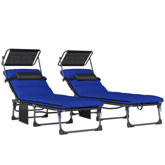 Outsunny Folding Sun Loungers Set of 2 with Canopy, Reclining Sunbed with Cushion, Side Pocket, Carrying Handle, Dark Blue
