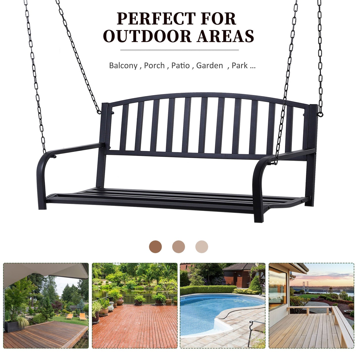 Outsunny Garden Swing Chair Patio Metal 2 Seater Swing Bench Porch Balcony Bench Loveseat Minimalist Style - Black