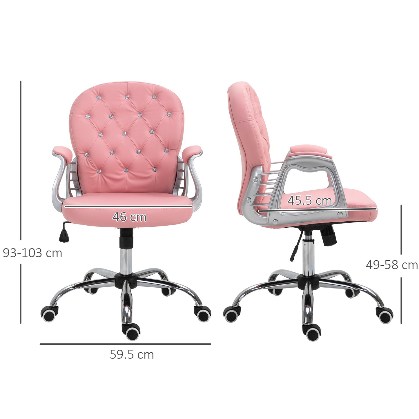 Vinsetto Office Chair Ergonomic 360¡ Swivel PU Diamante Padded Base 5 Castor Wheels for Home Work Pink