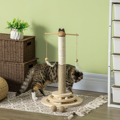 PawHut Cat Tree, with Scratching Post, Turntable Toy Ball - Natural Finish