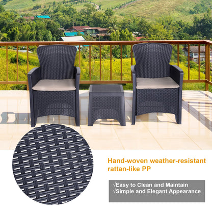 Outsunny 3 Piece Rattan Effect Garden Bistro Set  2 Chairs & Coffee Table Set with Cushion Patio Lawn Balcony Furniture - Dark Brown