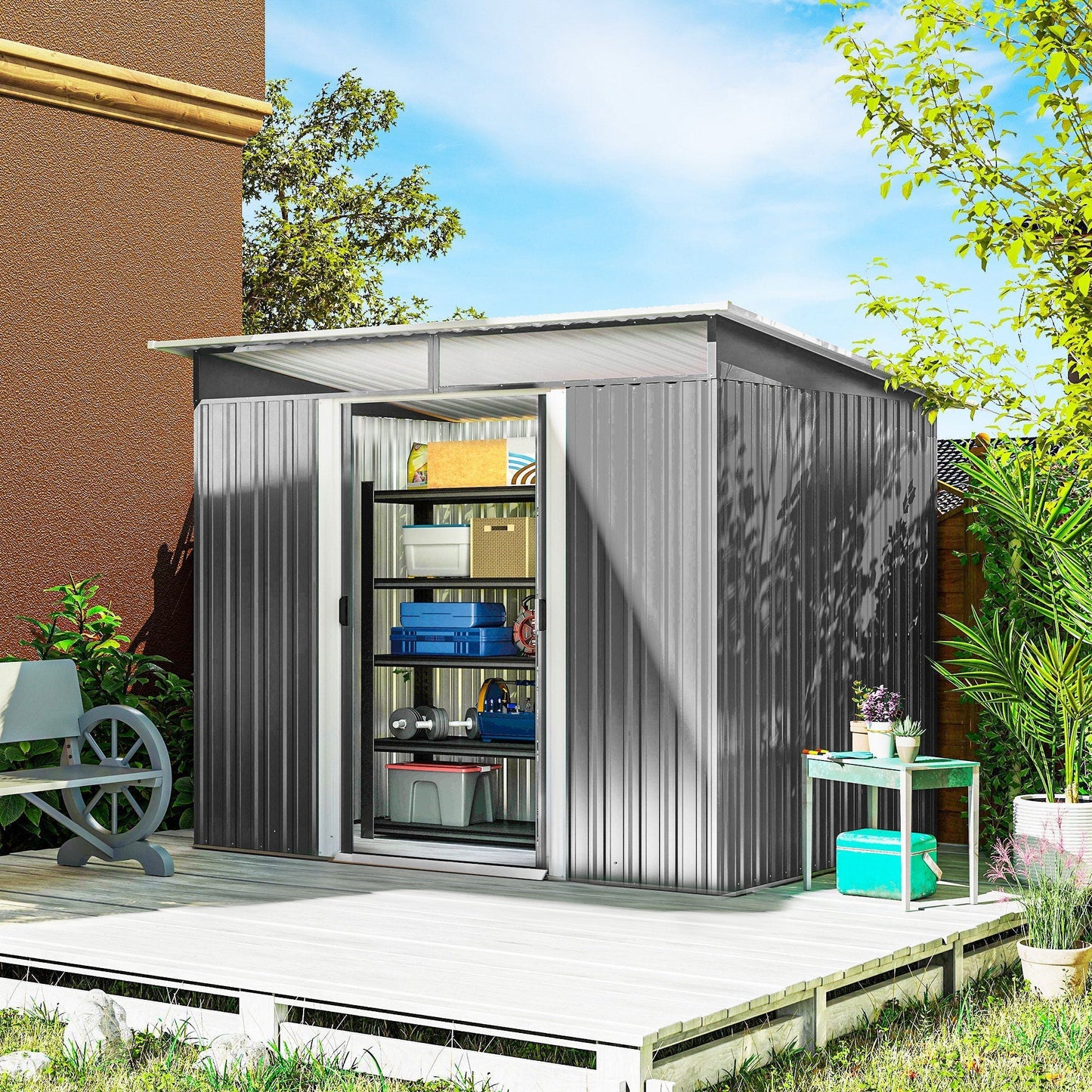 Outsunny Garden Metal Storage Shed House Hut Gardening Tool Storage w/ Tilted Roof and Ventilation 8.5 x 6ft, Grey
