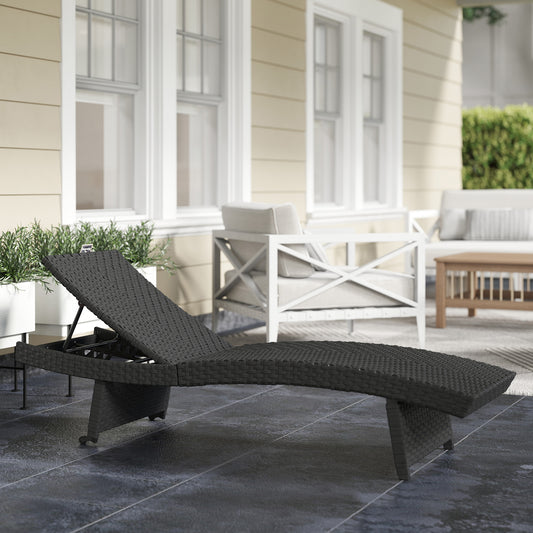 Outsunny Outdoor PE Rattan Leżak, składany wiklinowy leżak ogrodowy z oparciem regulowanym na 4 poziomach, rolowany leżak z kółkami, antypoślizgowe nogi na balkon, plaża, czarny