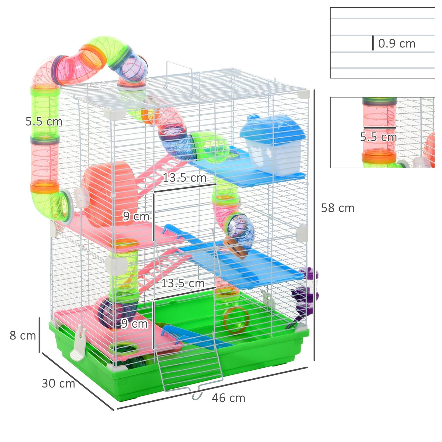 Pawhut 5 Tier Hamster Cage Carrier Habitat Small Animal House with Exercise Wheels Tunnel Tube Water Bottle Dishes House Ladder for Dwarf Mice, Green