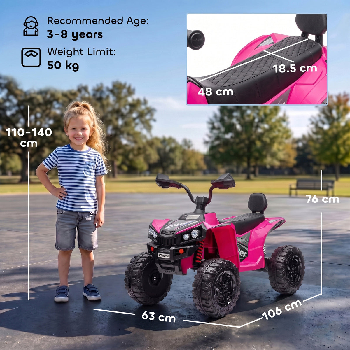 AIYAPLAY 24V 2 Seater Electric Quad Bike for Kids, Ride On Car ATV Toy w/ Forward Backward, for Boys Girls 3-8 Years, Pink