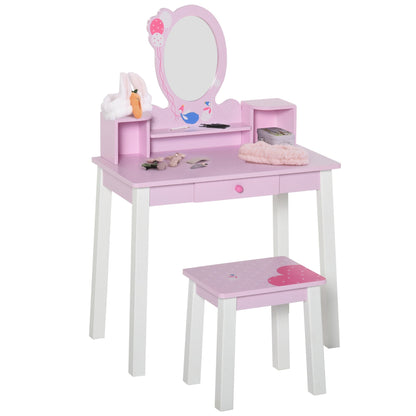 2 Piece Kids Wooden Dressing Table and Stool Girls Vanity Table Makeup Table Set with Mirror Drawers Role Play for Toddlers 3 Year+, Pink White