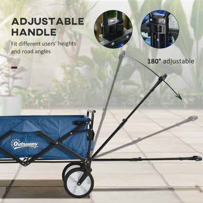 Outsunny Pull Along Cart Folding Cargo Wagon Trailer Trolley for Beach Garden Use with Telescopic Handle - Blue