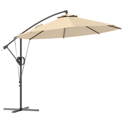 Outsunny 3(m) Garden Cantilever Parasol with Cover and Wind Protection Strap, Round Overhanging Umbrella with Crank Handle and Tilt, Banana Patio Umbrella for Outdoor Sun Shade, UPF50+, Khaki