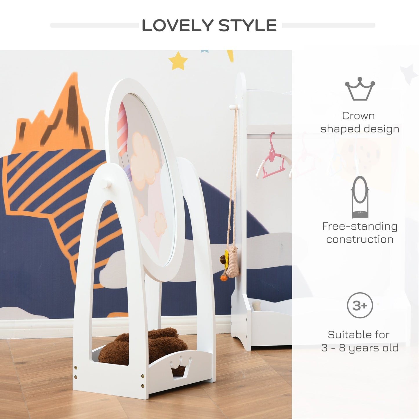 HOMCOM Free Standing Full Length Mirror, Child's Dressing Mirror with storage shelf, Children's White Bedroom Furniture 360¡ Rotation MDF, For 3- 8 Years Old, 40L x 30W x 104H cm