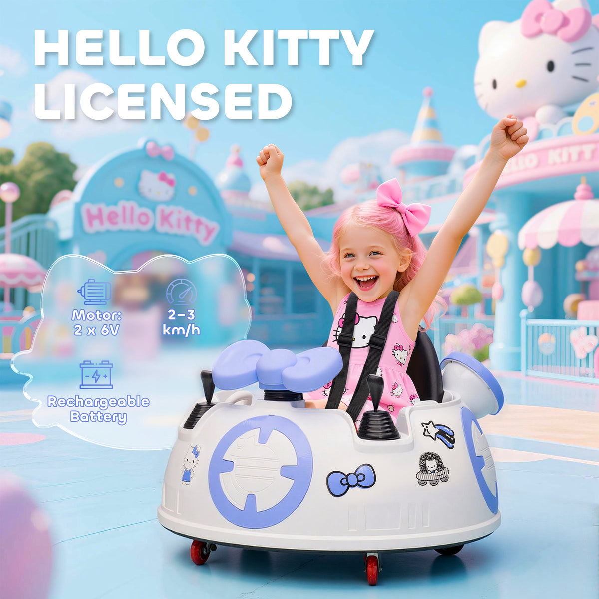 AIYAPLAY Hello Kitty Kids Ride on Bumper Car with Remote Control, Two Joysticks, Music, Lights, Safety Belt, White