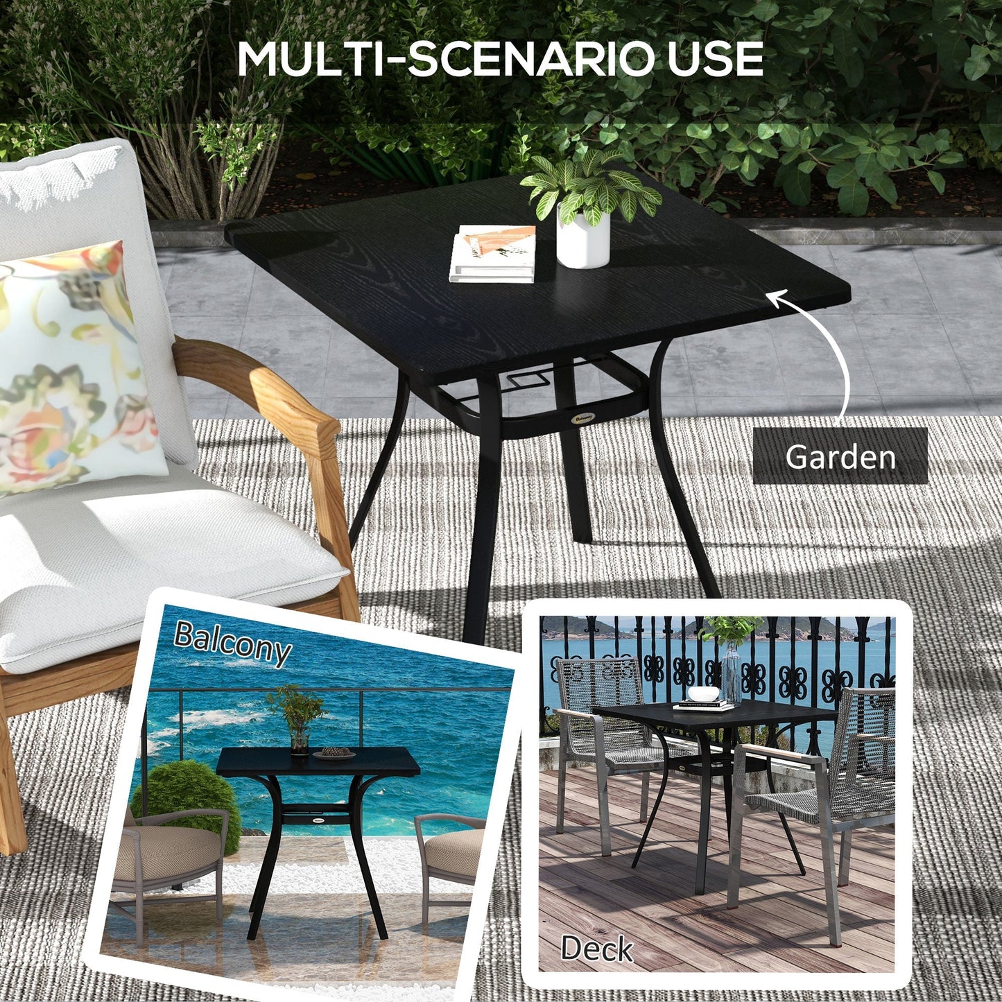 Outsunny Steel Frame Garden Table with Metal Tabletop, Foot Pads, Umbrella Hole, Modern Design, for Balcony, Porch, Black