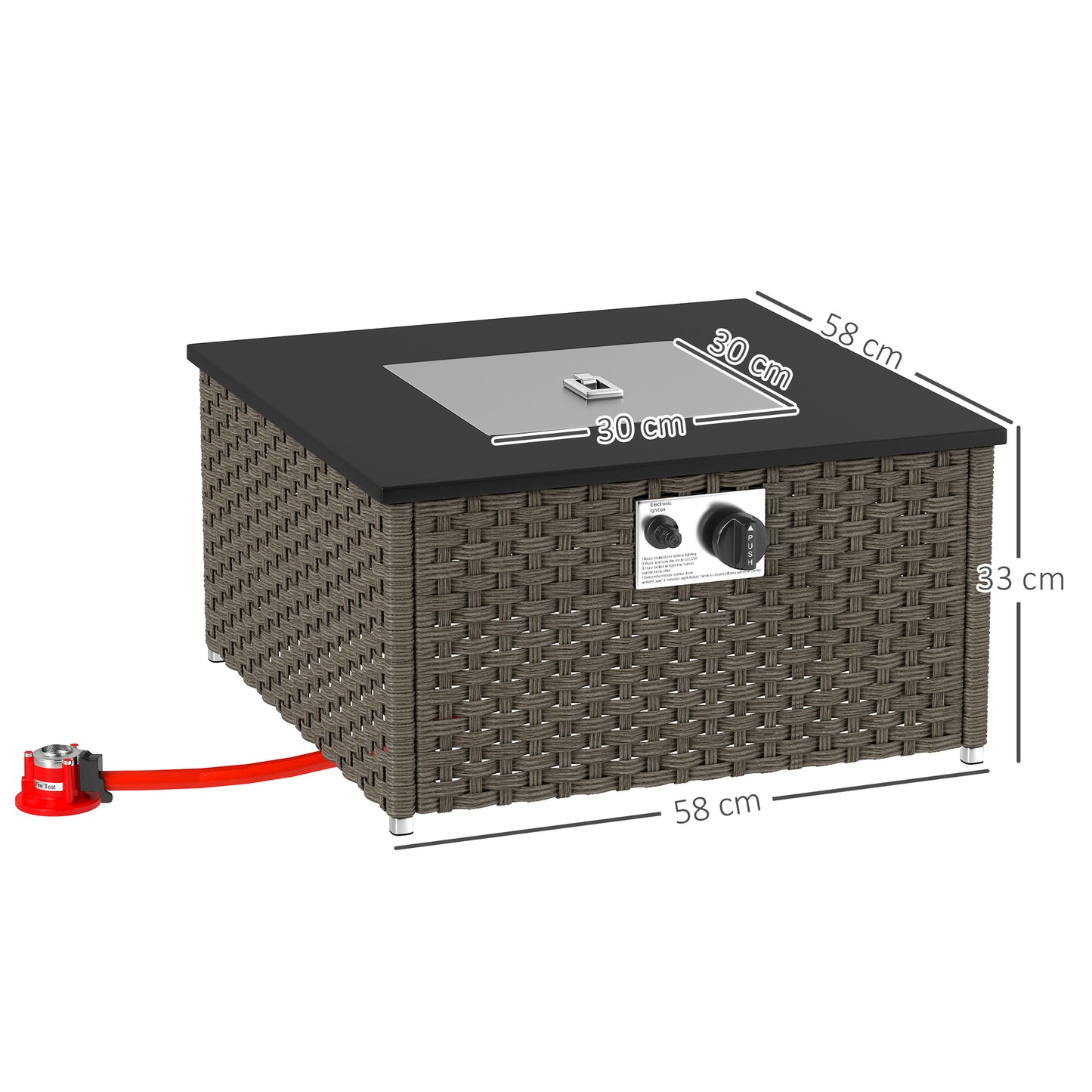 Outsunny Rattanowy stół z paleniskiem gazowym do ogrodu, 13 kW bezdymny palenisko propanowe z pokrywą, kwadratowy stolik kawowy do ogrodu z podgrzewaczem tarasowym na zewnątrz, patio, 58 x 58 x 33 cm, szary