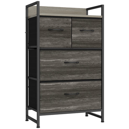 HOMCOM Rustic Chest of Four Fabric Drawers - Grey Wood Effect