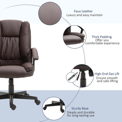 HOMCOM Office Chair, Computer Desk Chair, PU Leather Mid Back Executive Chair with Adjustable Height and Swivel Rolling Wheels for Home Study, Brown