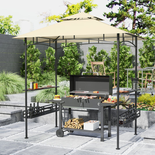 Outsunny 8' x 5' Grill Gazebo Canopy, dwupoziomowa zewnętrzna altana BBQ z 2 bocznymi półkami, kosze do przechowywania, hak do ogrodu, na patio, na grilla, na piknik, beżowy