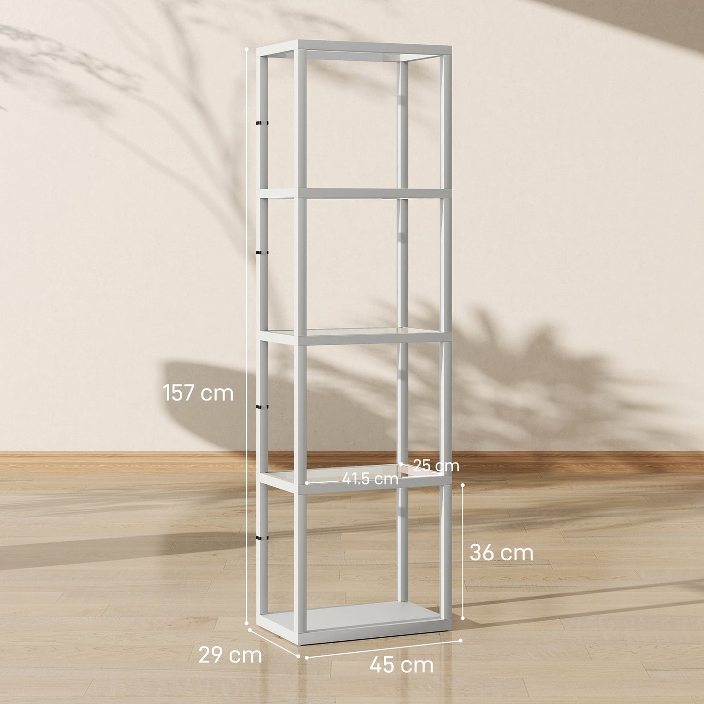 HOMCOM LED Floor Lamp with Glass Shelves, 4 Layers Dimmable Tall Standing Lamp, Modern Column Shelf Floor Light for Living Room, Bedroom, Office, Grey